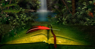 Illustration of book and magical forest