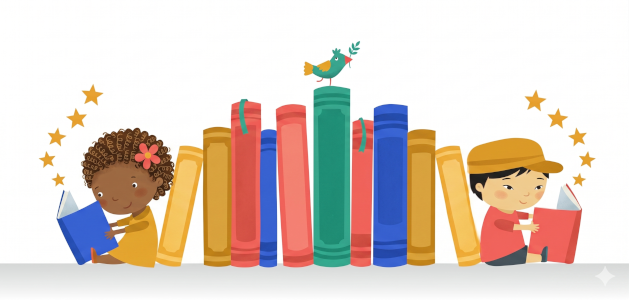image of kids reading on each side of a shelf of books.