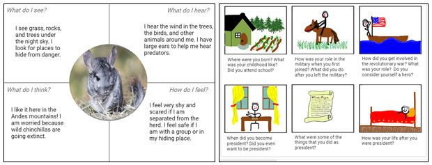 student graphic organizers samples, one empathy map for a chincilla and one storyboard of interview with George Washington