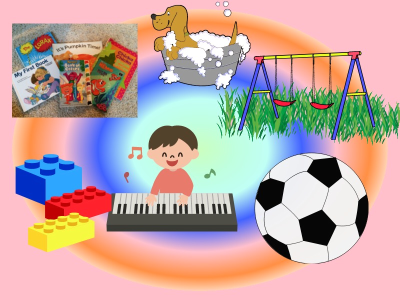 student collage with an image of a child reading, dog getting a bath, a soccer ball and more