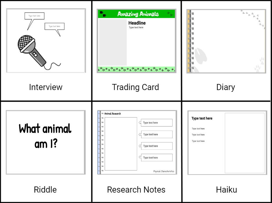 choice board with animal research project options