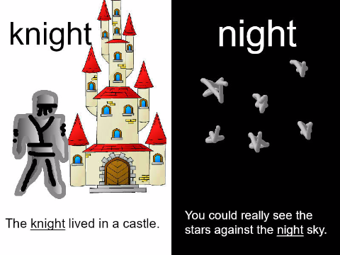image of homophones of knight and night with illustrations and definitions
