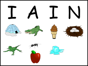 name iain with pictures of images under each letter, like iguana under i