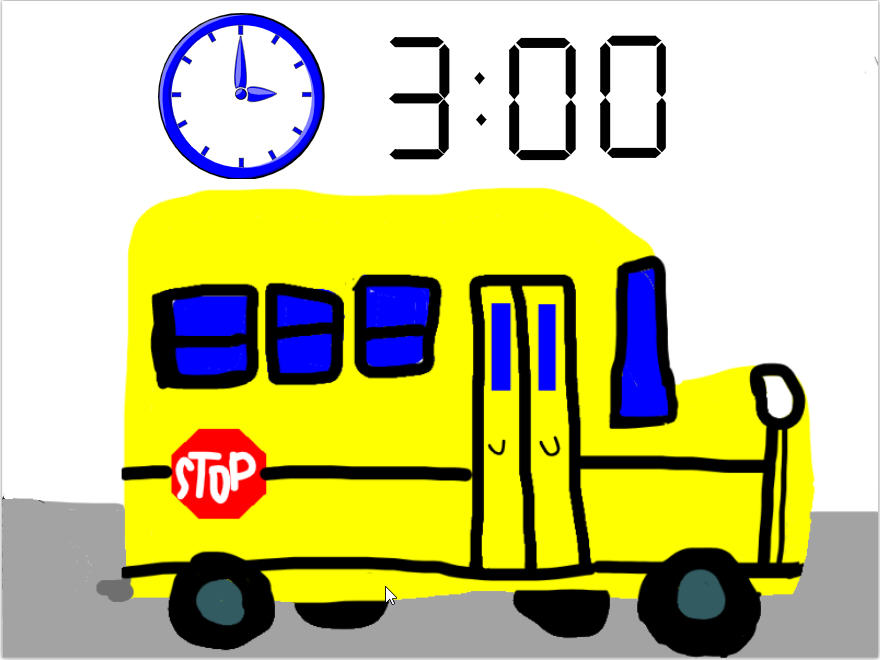 image of a school bus and digital time of 3pm
