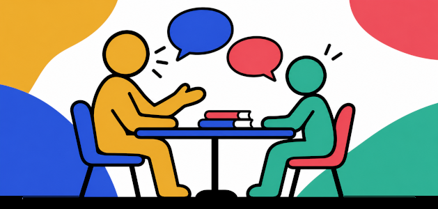 illustrated image of teacher and student talking at a table